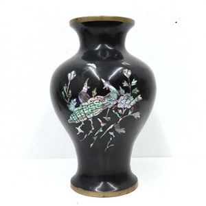Vintage Brass Lacquered Vase Mother of Pearl Inlaid Peacocks Oriental